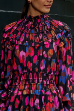 FARM Rio Black Iridescent Leopards Ruffle Mini Dress Hot
