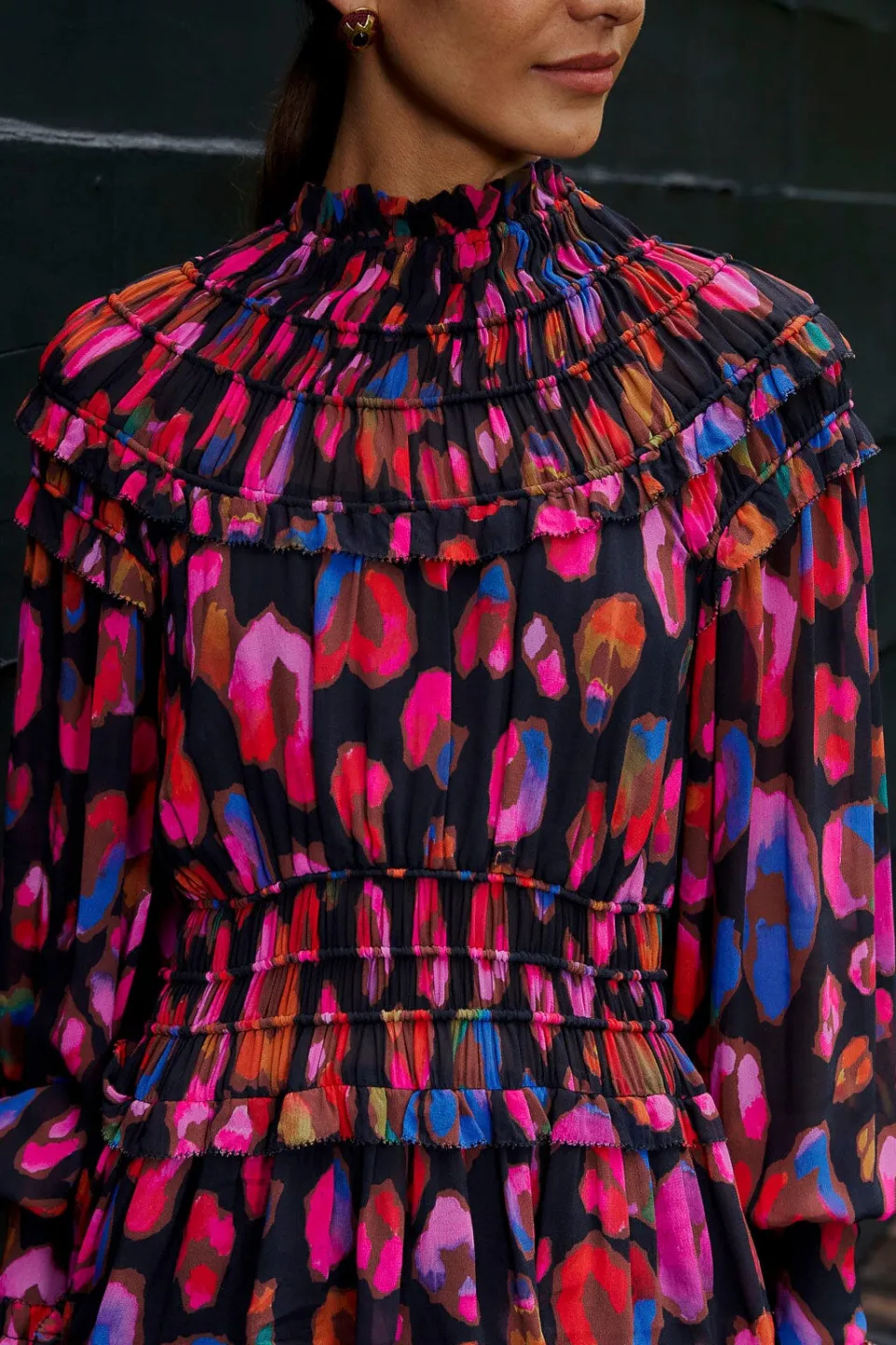 FARM Rio Black Iridescent Leopards Ruffle Mini Dress Hot