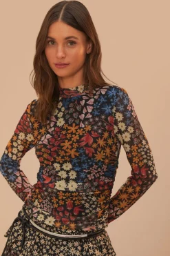 FARM Rio Black Juju Garden Tulle Blouse Best