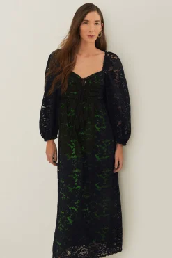 FARM Rio Black Lace Long Sleeve Midi Dress Outlet