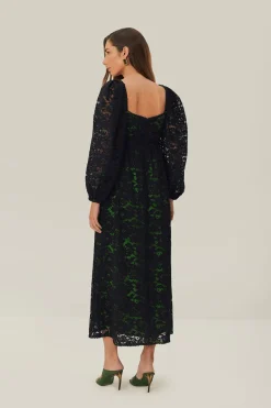 FARM Rio Black Lace Long Sleeve Midi Dress Outlet