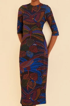 FARM Rio Black Midnight Island Short Sleeve Midi Dress Best