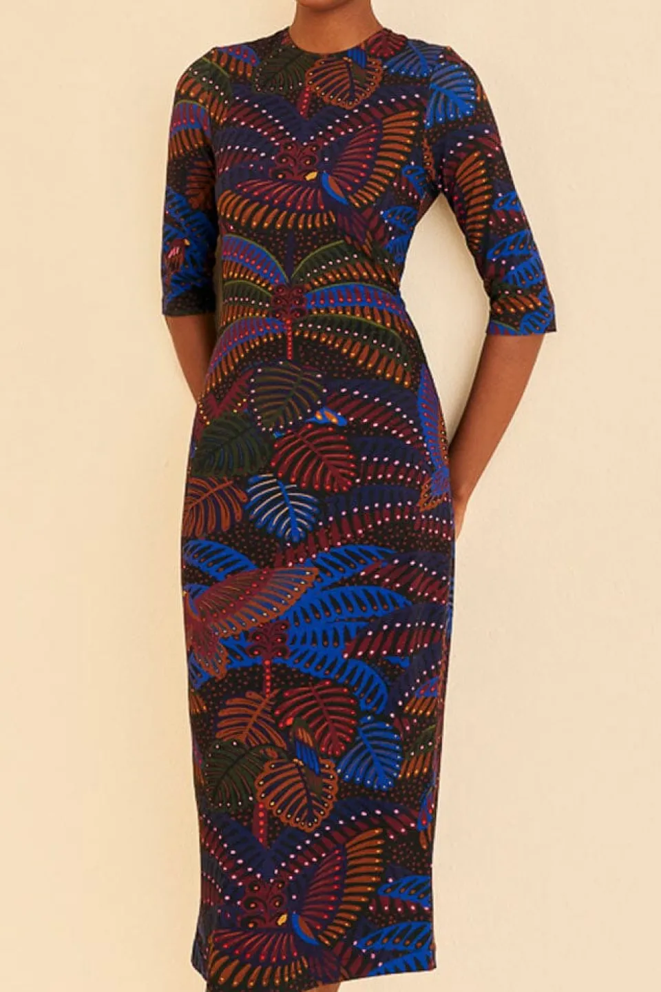 FARM Rio Black Midnight Island Short Sleeve Midi Dress Best