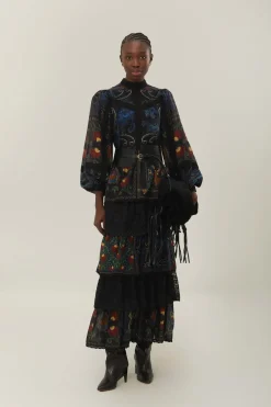 FARM Rio Black Mixed Arabesque Scarves Long Sleeve Maxi Dress Outlet
