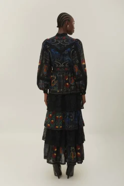 FARM Rio Black Mixed Arabesque Scarves Long Sleeve Maxi Dress Outlet