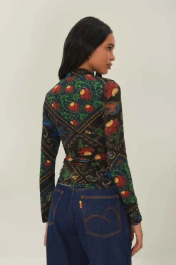 FARM Rio Black Mixed Arabesque Scarves Jersey Blouse New