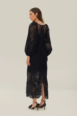 FARM Rio Black Nature Guipure Midi Dress New