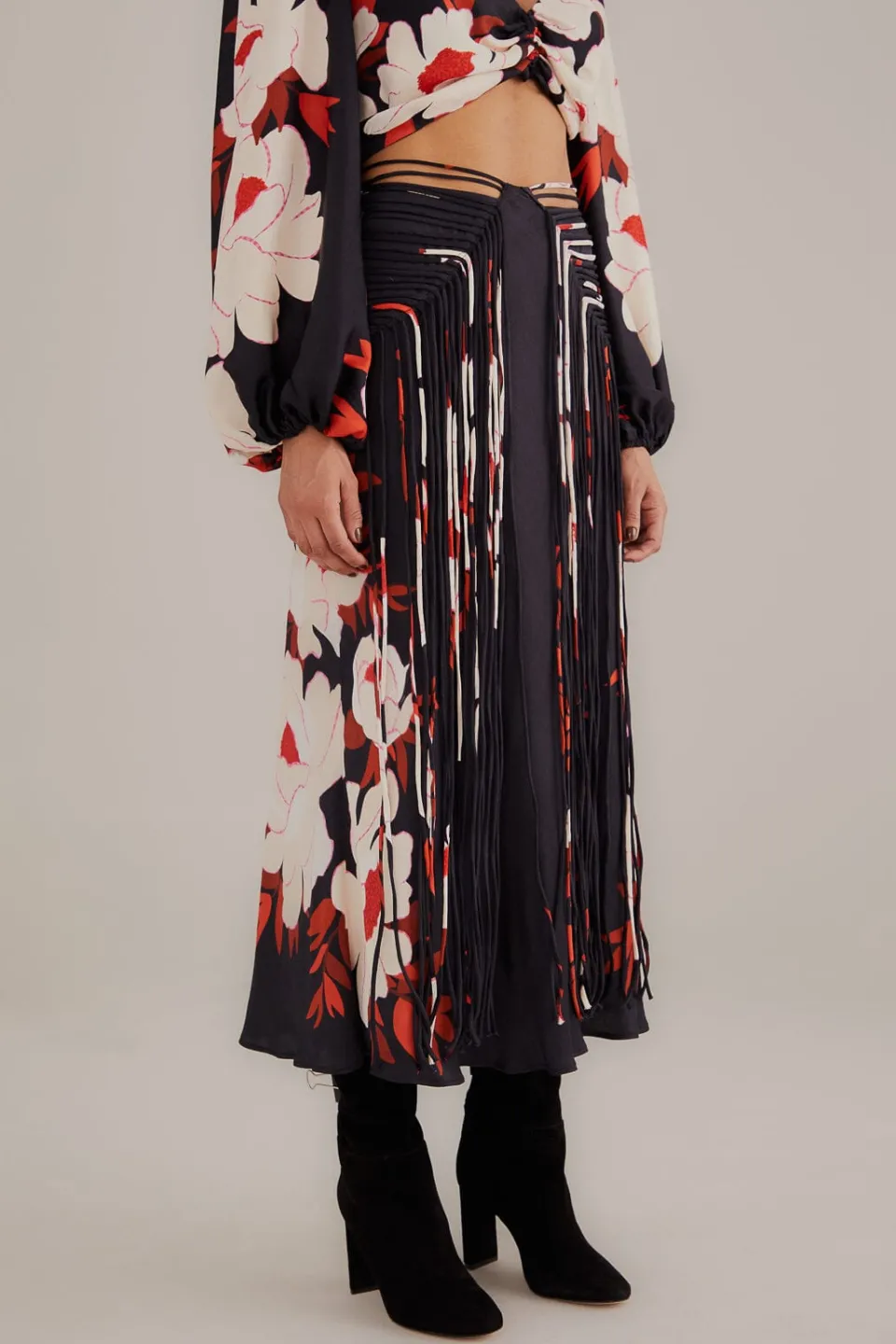 FARM Rio Black Peony Fringe Midi Skirt Sale