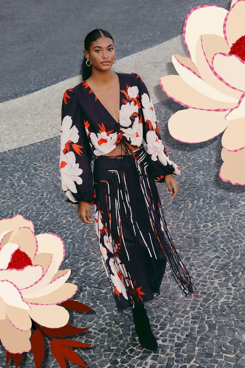 FARM Rio Black Peony Fringe Midi Skirt Sale