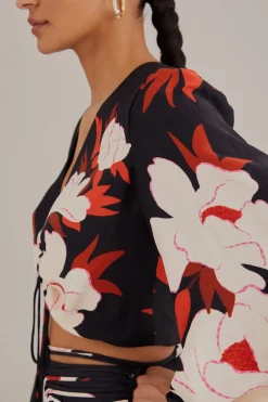 FARM Rio Black Peony Long Sleeve Blouse Clearance