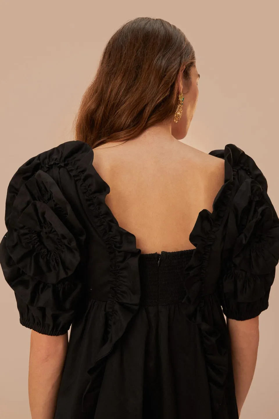 FARM Rio Black Ruffle Short Sleeve Mini Dress