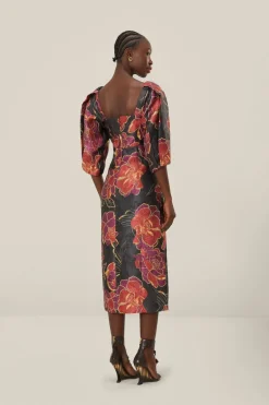 FARM Rio Black Shiny Chita Short Sleeve Midi Dress