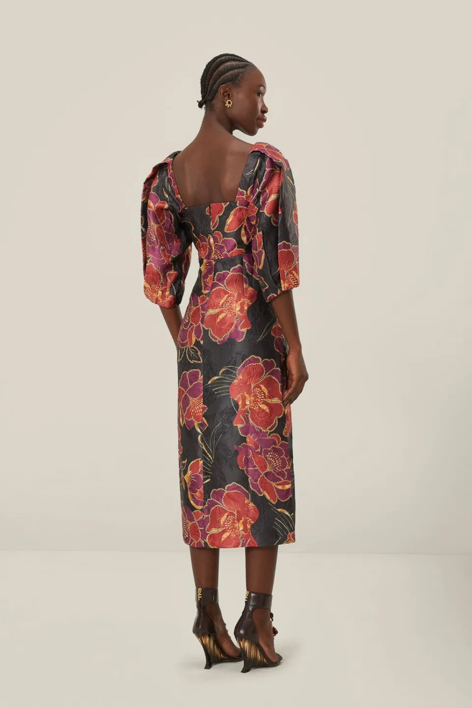 FARM Rio Black Shiny Chita Short Sleeve Midi Dress