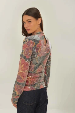FARM Rio Black Shiny Chita Tulle Sequins Blouse Online