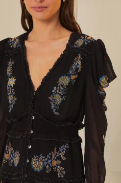 FARM Rio Black Stitched Garden Short Sleeve Midi Dress Sale