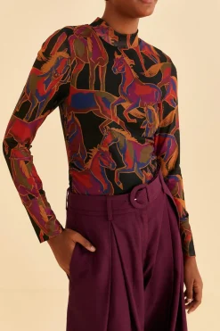 FARM Rio Black Wild Horses Tulle Blouse Outlet