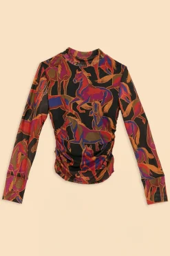 FARM Rio Black Wild Horses Tulle Blouse Outlet