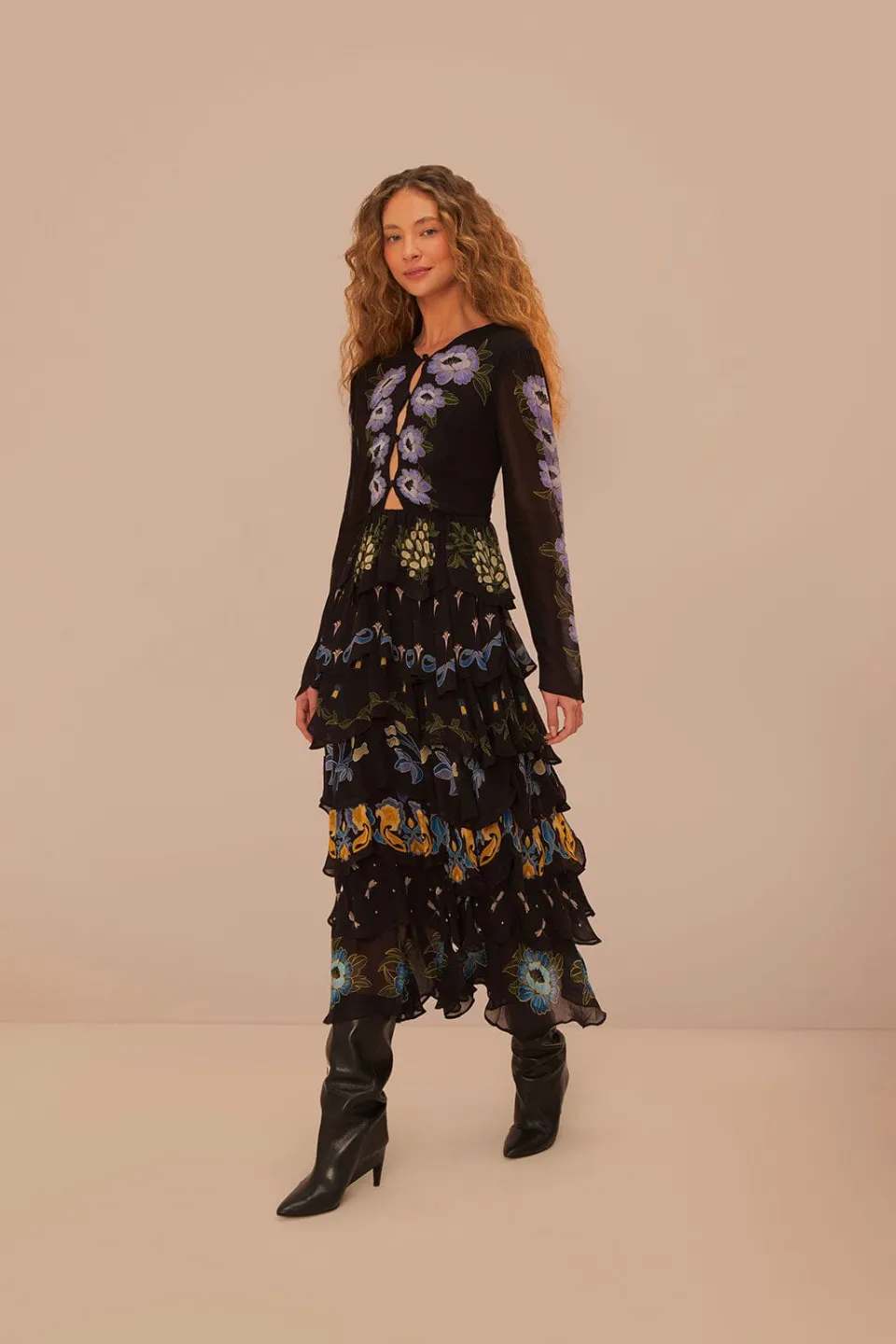 FARM Rio Black Winter Garden Ruffle Maxi Dress Outlet