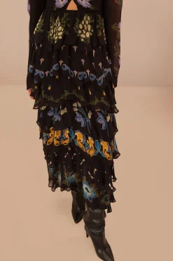 FARM Rio Black Winter Garden Ruffle Maxi Dress Outlet
