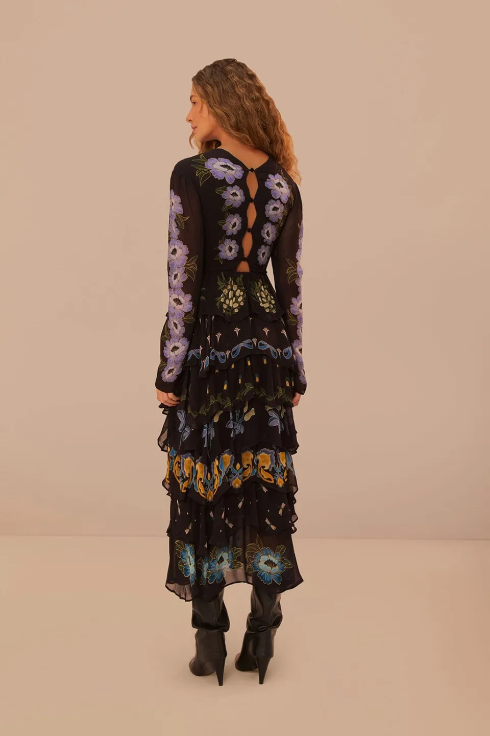 FARM Rio Black Winter Garden Ruffle Maxi Dress Outlet