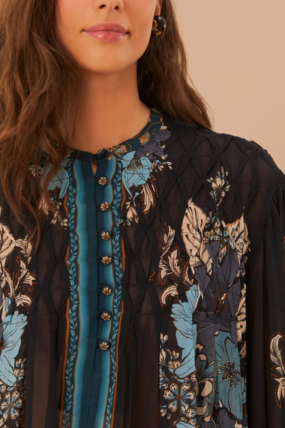 FARM Rio Blossom Tapestry Black Bee Smocked Blouse Outlet