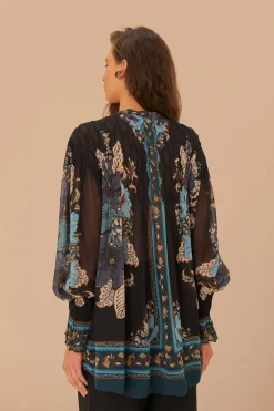 FARM Rio Blossom Tapestry Black Bee Smocked Blouse Outlet