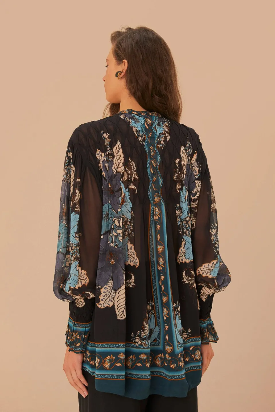 FARM Rio Blossom Tapestry Black Bee Smocked Blouse Outlet