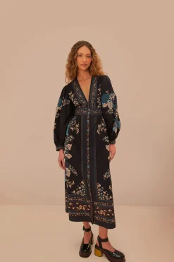 FARM Rio Blossom Tapestry Black Midi Dress Outlet