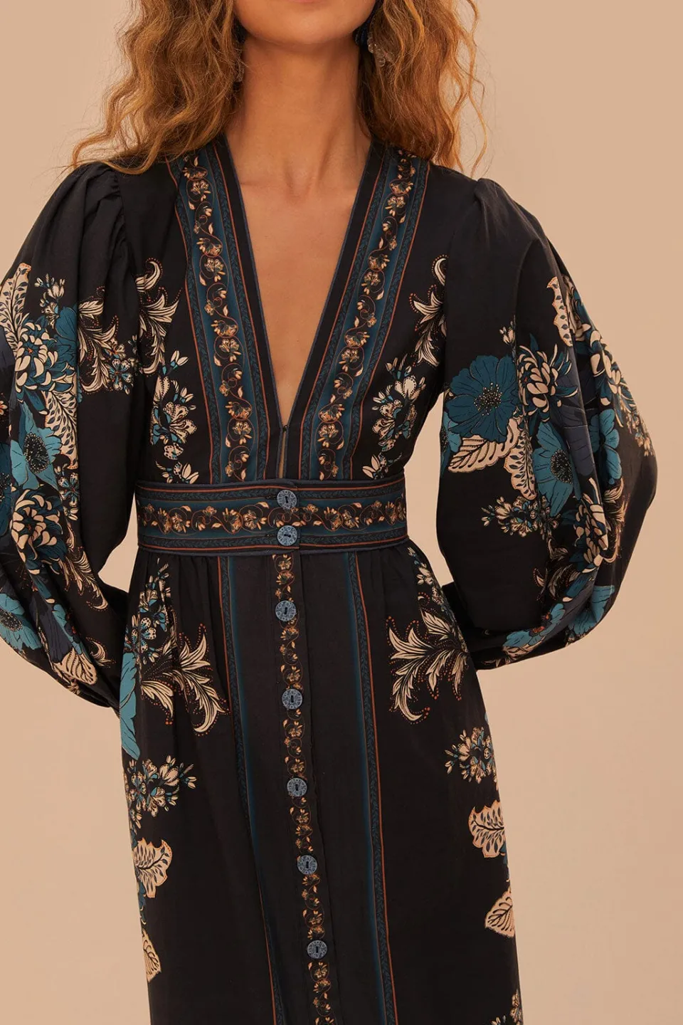 FARM Rio Blossom Tapestry Black Midi Dress Outlet