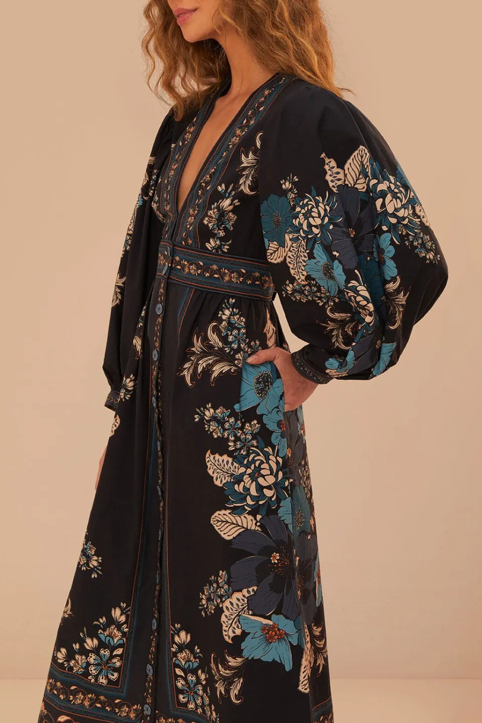 FARM Rio Blossom Tapestry Black Midi Dress Outlet