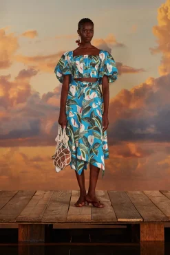 FARM Rio Blue Anthurium Garden Asymmetric Midi Skirt Clearance