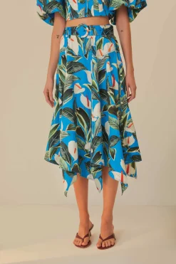FARM Rio Blue Anthurium Garden Asymmetric Midi Skirt Clearance