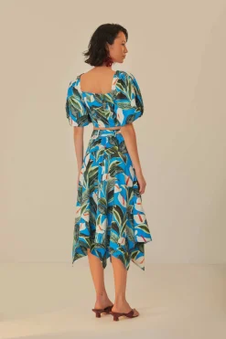 FARM Rio Blue Anthurium Garden Asymmetric Midi Skirt Clearance