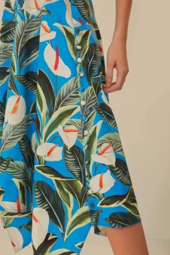 FARM Rio Blue Anthurium Garden Asymmetric Midi Skirt Clearance