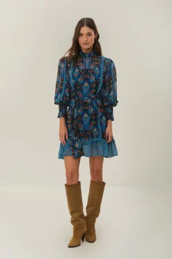 FARM Rio Blue Arabesque Floral High Neck Mini Dress