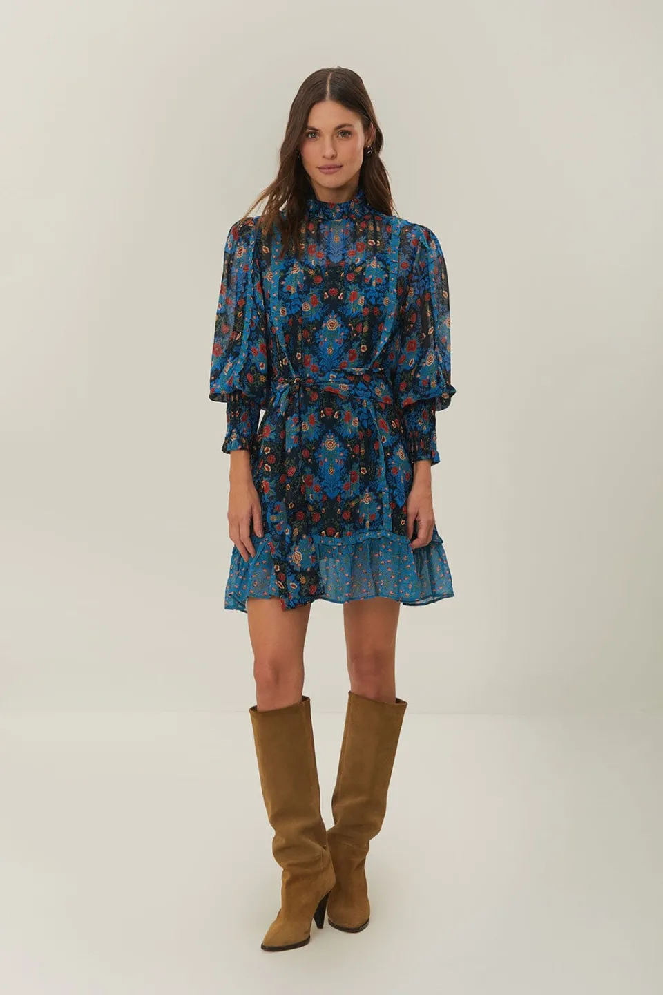 FARM Rio Blue Arabesque Floral High Neck Mini Dress
