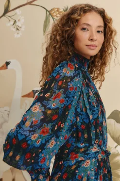 FARM Rio Blue Arabesque Floral High Neck Mini Dress