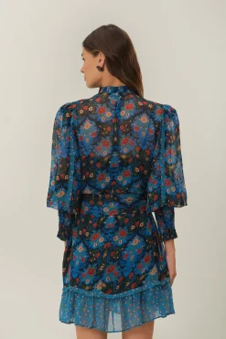 FARM Rio Blue Arabesque Floral High Neck Mini Dress