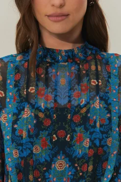 FARM Rio Blue Arabesque Floral High Neck Mini Dress