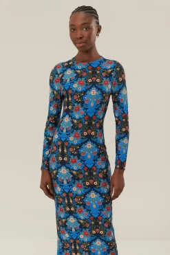 FARM Rio Blue Arabesque Floral Jersey LENZING™ ECOVERO™ Midi Dress Sale