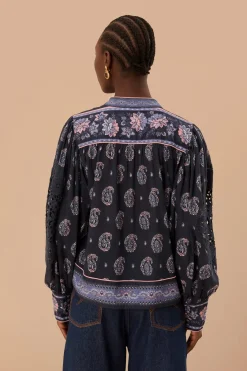 FARM Rio Blue Ayla Long Sleeve Blouse Discount