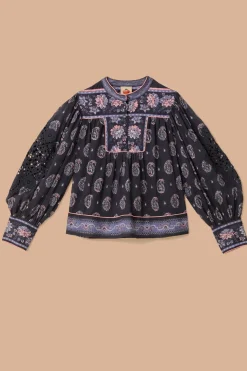 FARM Rio Blue Ayla Long Sleeve Blouse Discount