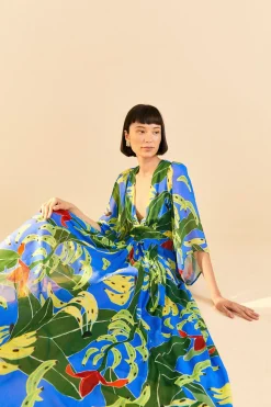 FARM Rio Blue Banana Leaves Maxi Dress New