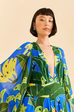 FARM Rio Blue Banana Leaves Maxi Dress New