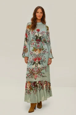 FARM Rio Blue Beauty Bouquet Long Sleeve Maxi Dress New