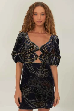 FARM Rio Blue Floral Glam Scarf Velvet Mini Dress Discount