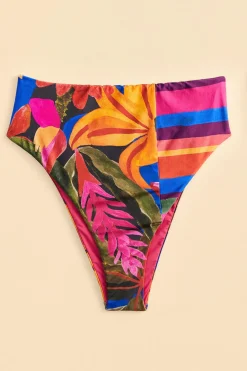 FARM Rio Blue Floral Tropical & Colorful Stripes High Waisted Bikini Bottom New