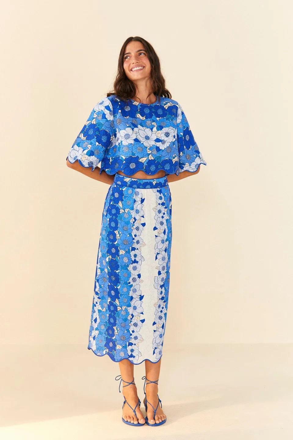 FARM Rio Blue Flower Stripes Crop Top