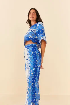 FARM Rio Blue Flower Stripes Midi Skirt Discount