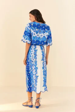 FARM Rio Blue Flower Stripes Midi Skirt Discount